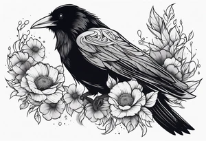 Fantasy raven with flowers tattoo idea
