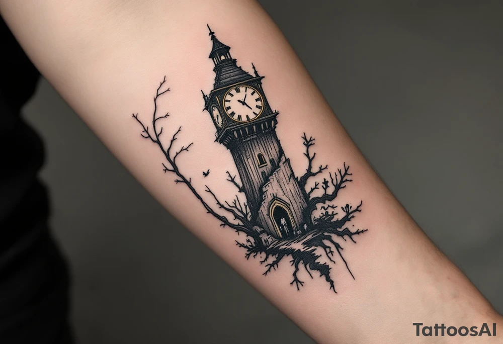 Tim Burton’s clocktower stands crooked and broken, with brass tones and shadowy figures trapped inside. tattoo idea
