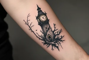 Tim Burton’s clocktower stands crooked and broken, with brass tones and shadowy figures trapped inside. tattoo idea
