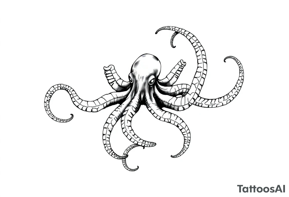 A minimalist blackwork tattoo design of kraken from pirates of the caribeen. The kraken is viewed from a 45-degree angle facing left, with its head centered. tattoo idea