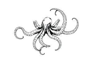 A minimalist blackwork tattoo design of kraken from pirates of the caribeen. The kraken is viewed from a 45-degree angle facing left, with its head centered. tattoo idea