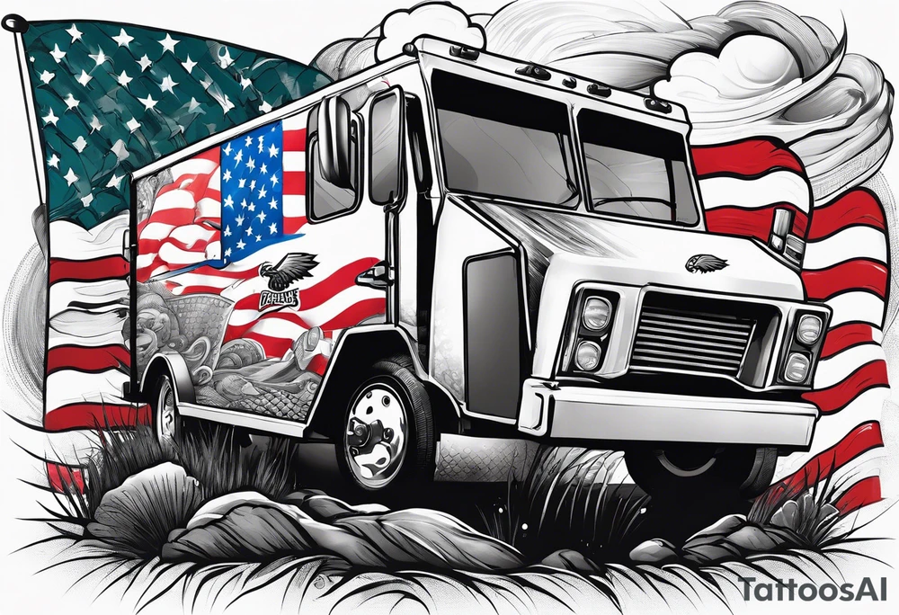 Sleeve incorporating: NFL Philadelphia eagles, mail truck
, American flag, fishing, golf, tornados, cooking tattoo idea