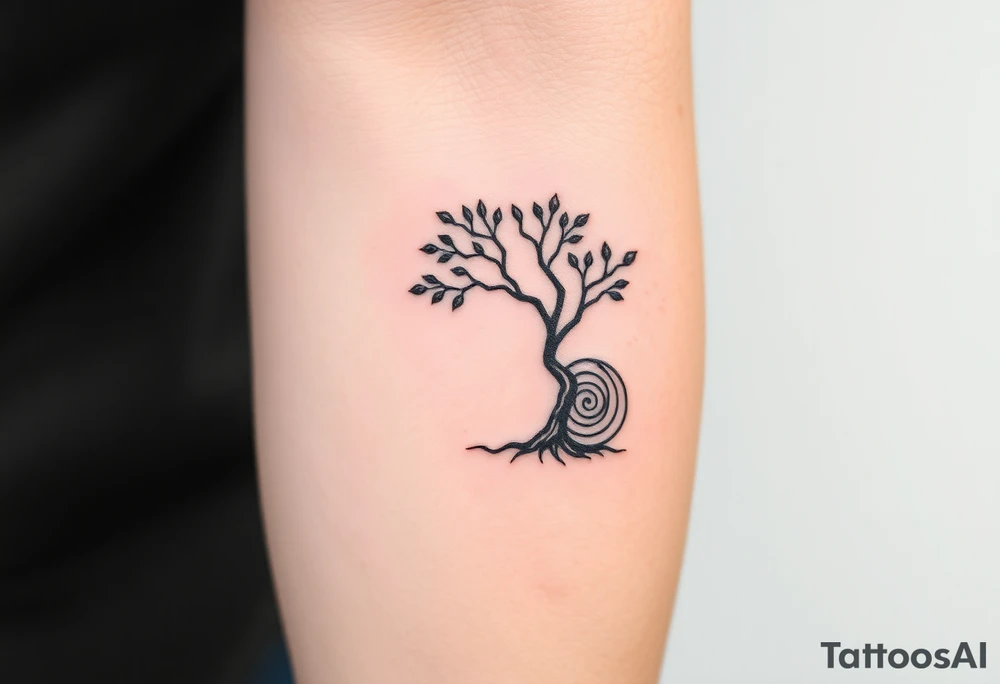Tree with few leaves, with a SPIRAL line starting from the left side of tree and spiraling outward in a clockwise direction tattoo idea