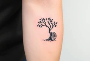 Tree with few leaves, with a SPIRAL line starting from the left side of tree and spiraling outward in a clockwise direction tattoo idea