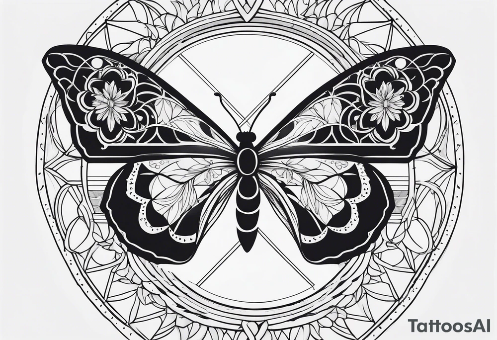 Black and white outline of sacred geometric shapes with fading flower of life and butterfly tattoo idea