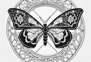 Black and white outline of sacred geometric shapes with fading flower of life and butterfly tattoo idea