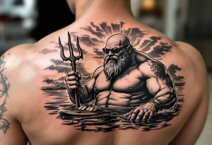 young, happy, fat, balding, poseidon in calm water, holding a trident, drinking a beer, with sunset, with ski boat, with sunglasses tattoo idea