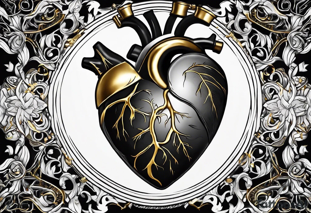Realistic Anatomical heart with gold sealant lines tattoo idea