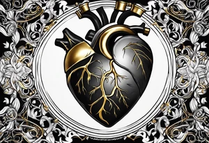 Realistic Anatomical heart with gold sealant lines tattoo idea