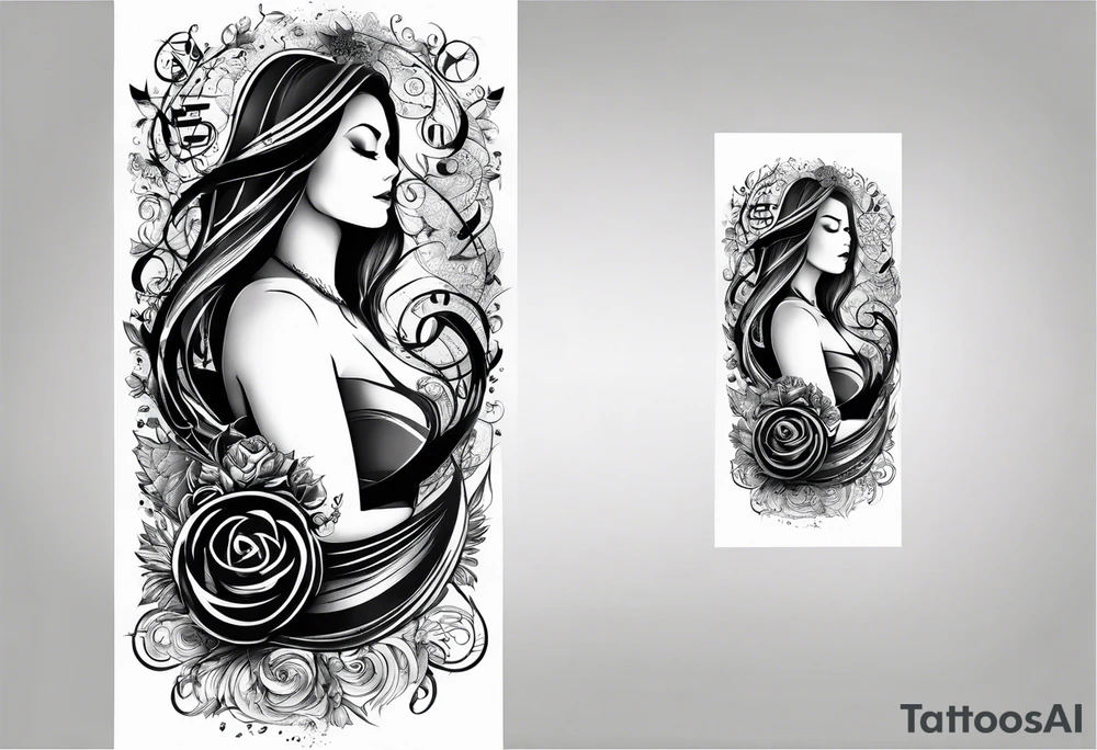 upper arm sleeve with musical notes and lyrics from the song Everlong tattoo idea