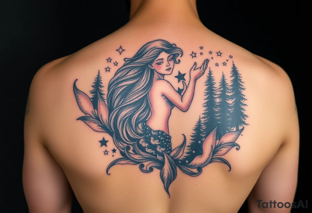 color tattoo on shoulder mermaid and forest around with starry sky tattoo idea