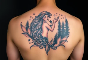 color tattoo on shoulder mermaid and forest around with starry sky tattoo idea