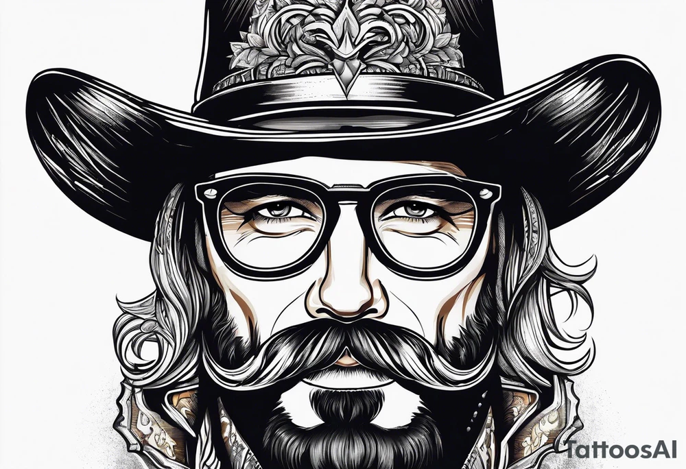 Wire rim glasses with a cowboy hat and large handlebar mustache tattoo idea