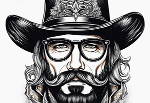 Wire rim glasses with a cowboy hat and large handlebar mustache tattoo idea