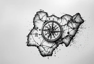 Compass on the back of the palm in the shape of Nigeria with longitude written on the top and latitude written on the bottom. tattoo idea