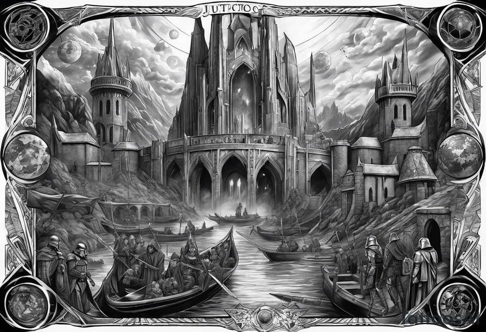 Full arm sleeve tattoo extending from shoulder to wrist featuring characters from Star Wars and the Justice League battling at Helms Deep from Lord of the Rings tattoo idea