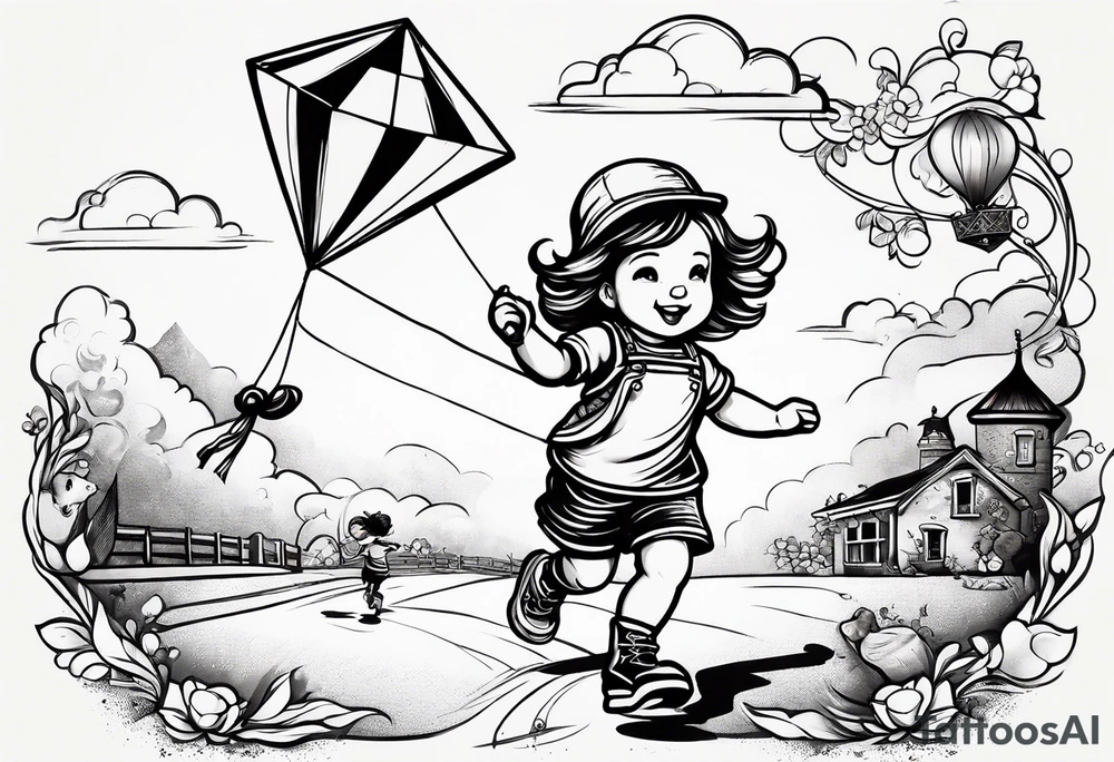 a little girl running away holding a kite with a roller skating teddy bear behind her tattoo idea