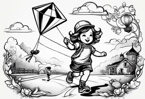 a little girl running away holding a kite with a roller skating teddy bear behind her tattoo idea