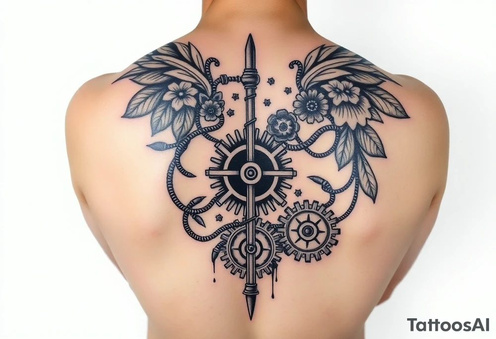 Can you help me design my next tattoo? I already have Polynesian-style tattoos covering left shoulder blade and second in the middle of back going along the spine up till my neck, and I’m looking for ideas to fill the white space between them. I haven’t been able to come up with anything that works. The white space are starts from the neck, goes between the shoulderblades and goes all the way from the sides to my lower back.

I’d like the new elements to be in a different style than Polynesian, but still visually cohesive so they complement the existing tattoos rather than clash with them. Maybe steampunk, pipes, cords cogs and so on tattoo idea