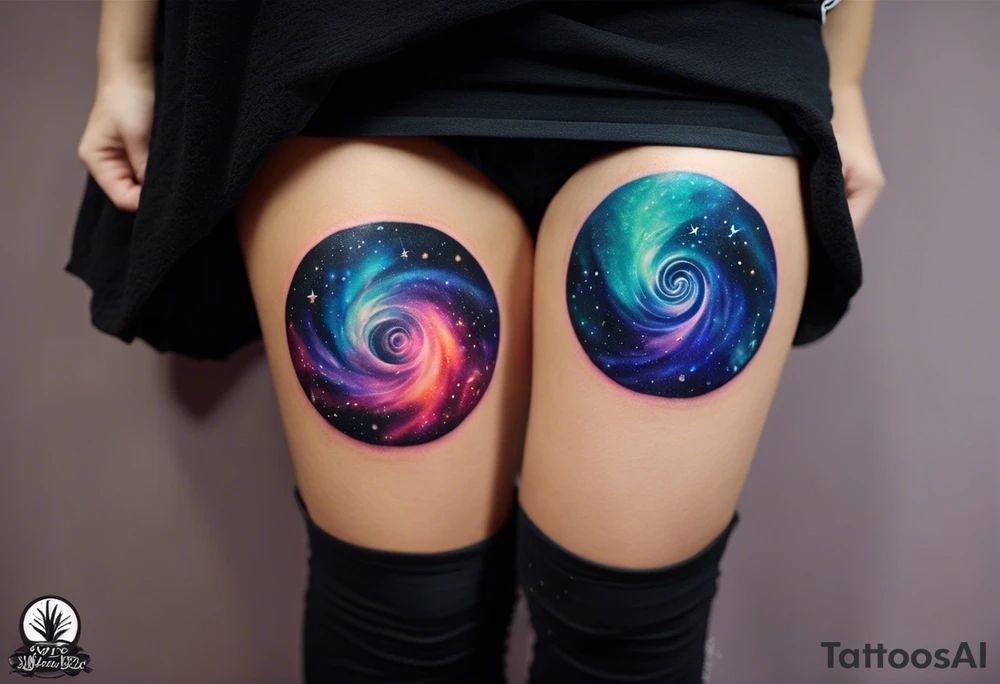 I want a spiral nebula space galaxy tattoo that's colorful and bright and cute and is nice to look at I don't want a traditional circle I want it like the ones thay look like an s shape and this tattoo will be on my left buttcheek and light colors I want more spread and less circle tattoo idea
