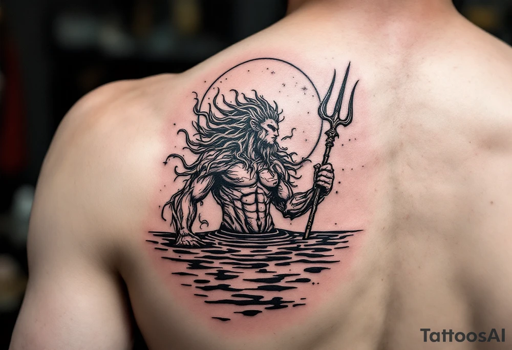 poseidon with trident half way in calm water tattoo idea
