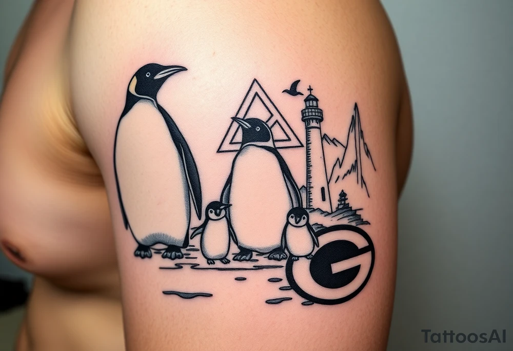 compilation outlining important things in my life such as emperor penguin, celtic trinity knot, lighthouse, mountains/nature, the green bay packers, and something to represent my 3 boys perhaps one adult emperor penguin with 3 baby penguins or something else to represent the 3 kids tattoo idea