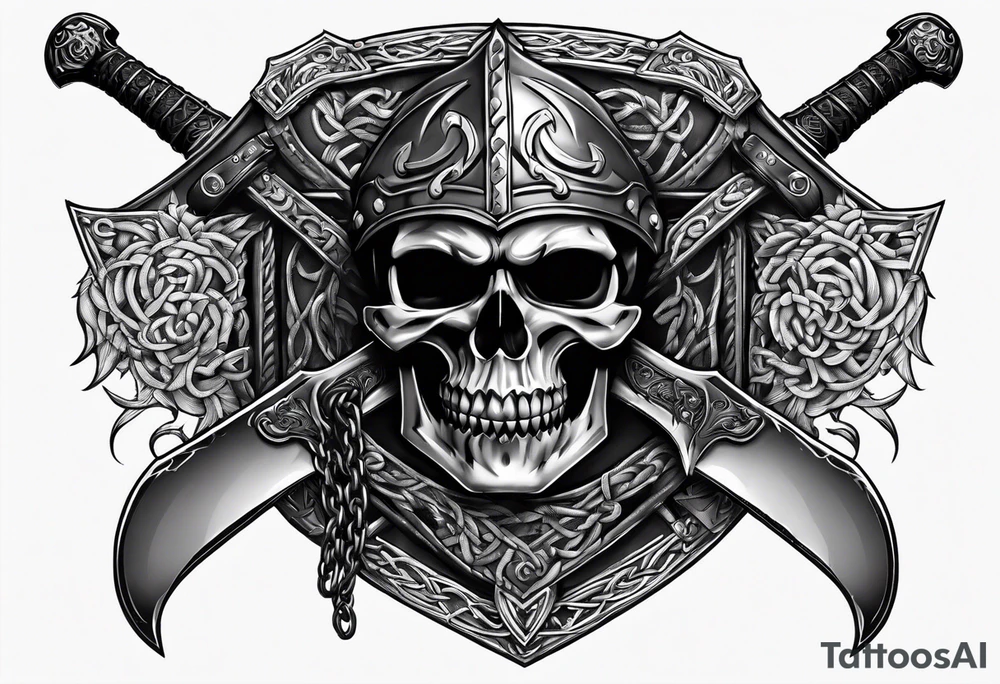 Valhalla sword shield axe barbed wire chains dark cloud tattoo idea