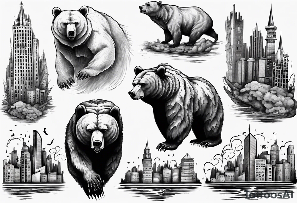Serious bear coming up behind a city tattoo idea