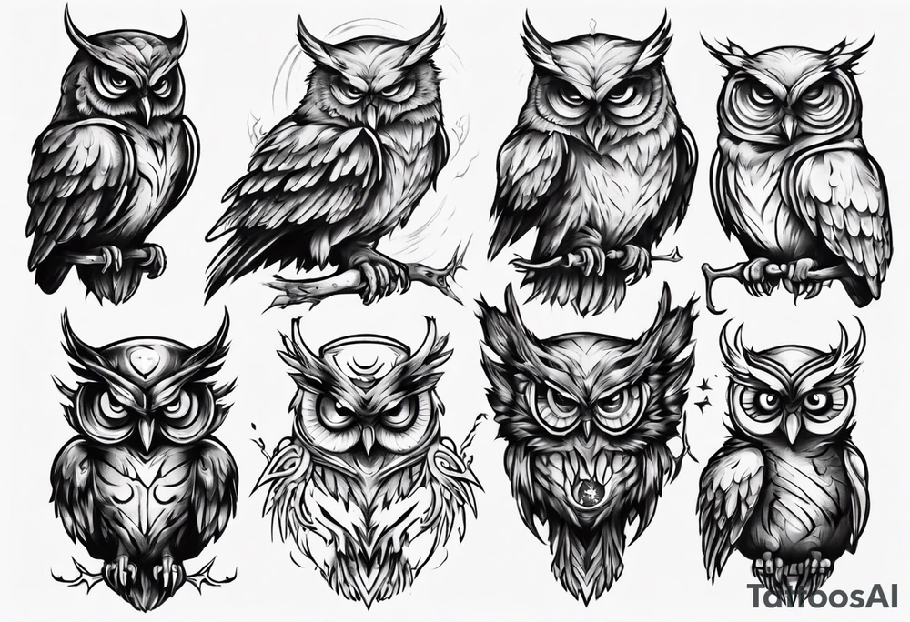 Demonic Owl looking to the rights tattoo idea