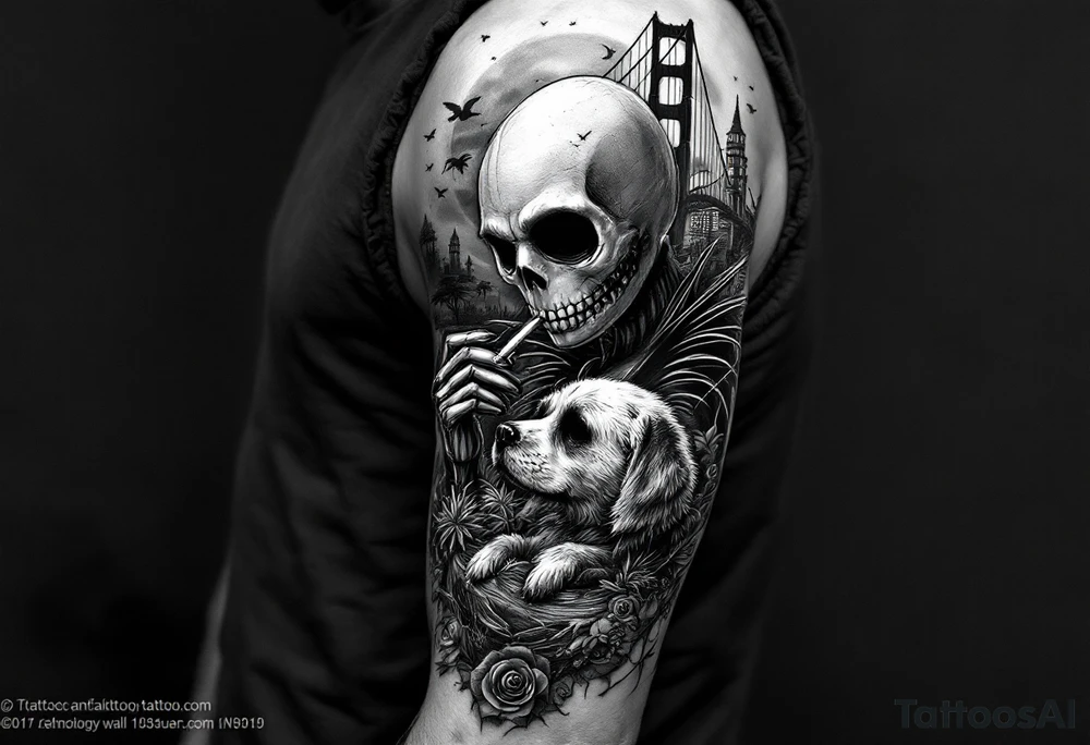 jack skellington with dog,smoking a blunt and fishing,surrounded by city buildings,golden gate bridge, birds, palm trees, tattoo idea