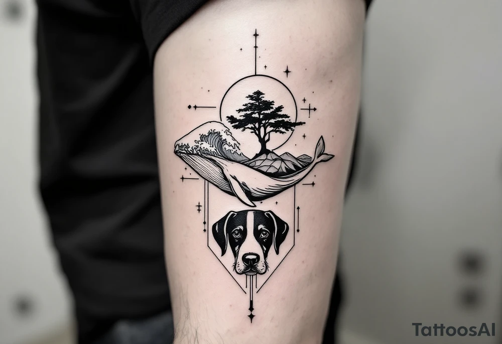 Fine line powerful ocean half sleeve with a wave, a whale, a Joshua tree, and a dog as separate elements connected by geometric patterns tattoo idea