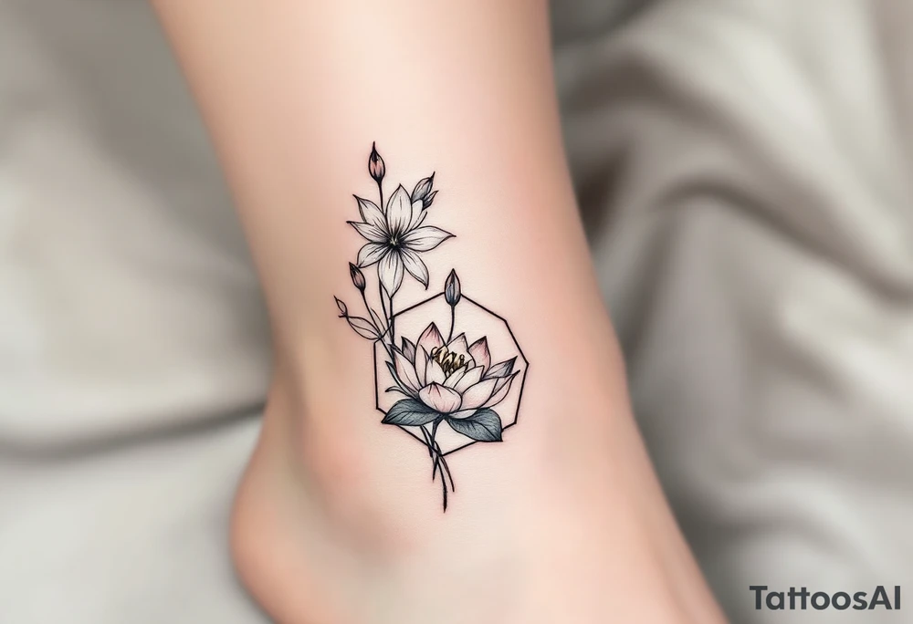 Leo, larkspur and water lily surrounded by a hexagon tattoo idea