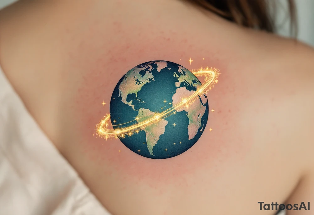 A hyper-realistic globe in ocean blue and emerald green is wrapped in a ring of glowing golden stars. tattoo idea