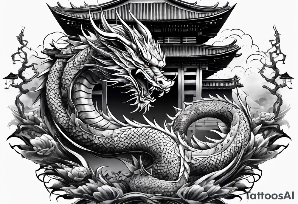 Dragón and samurai in zen circule, tori gate tattoo idea