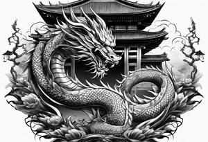 Dragón and samurai in zen circule, tori gate tattoo idea