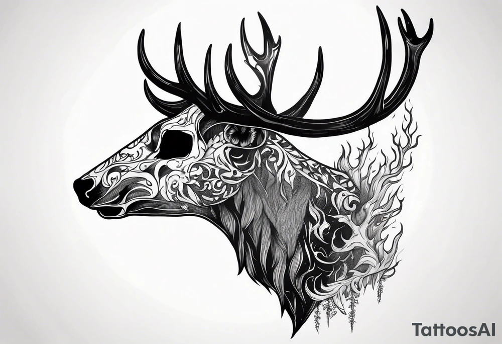 side profile of a DECAYING deer skull JUST BONE lore accurate wendigo surrounded by a flames and trees tattoo idea