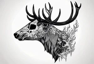 side profile of a DECAYING deer skull JUST BONE lore accurate wendigo surrounded by a flames and trees tattoo idea