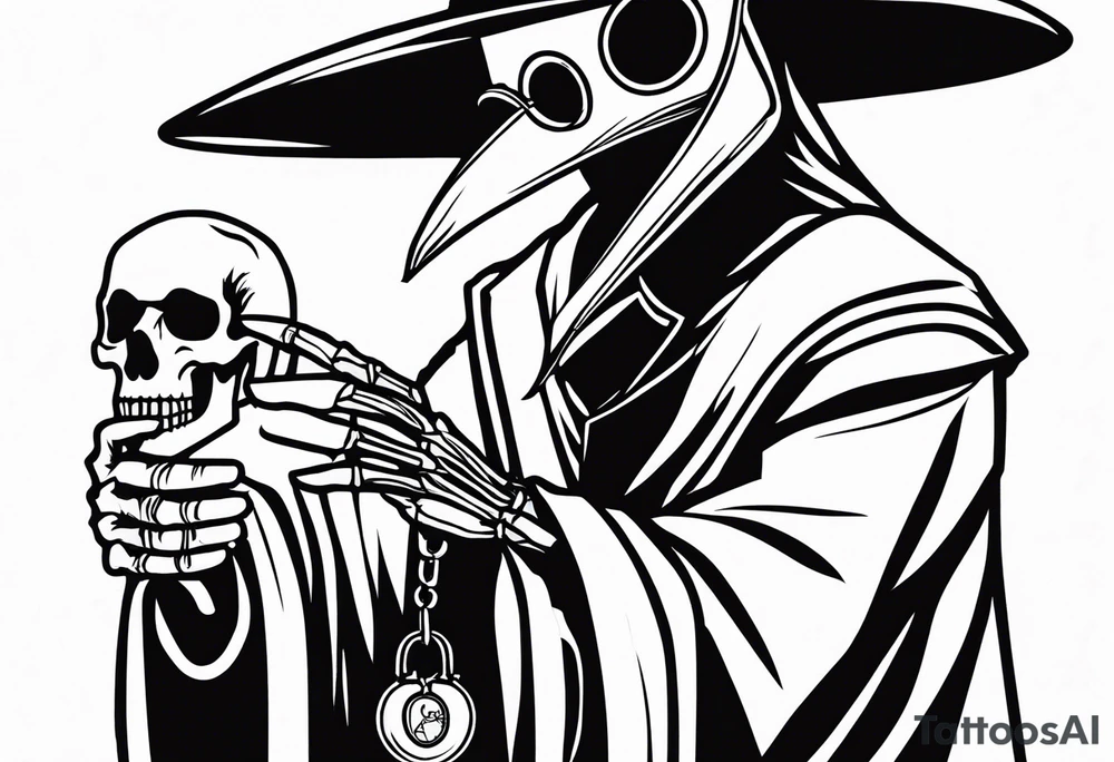 plague doctor with a skeleton hand holding medicine tattoo idea