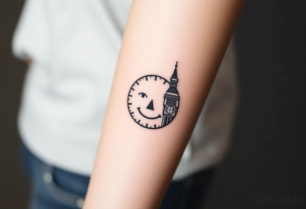 Smile face sad face happy face with clock tower tattoo idea