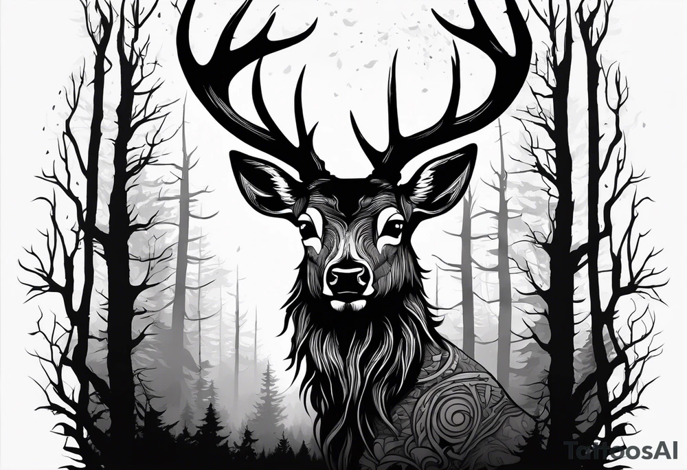 A scary terrifying horrifying zombie deer lore accurate wendigo side profile surrounded by a forest fire in background tattoo idea