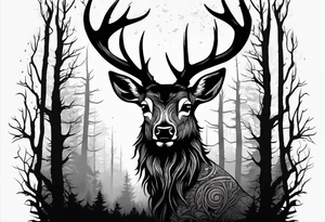 A scary terrifying horrifying zombie deer lore accurate wendigo side profile surrounded by a forest fire in background tattoo idea