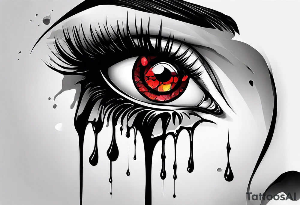 Bleeding tear flows to down from red eye sleeve tattoo design tattoo idea
