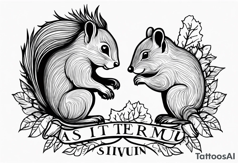 Draw a squirrel and an hedgehog accompanied by the writing “simul in aeternum” tattoo idea