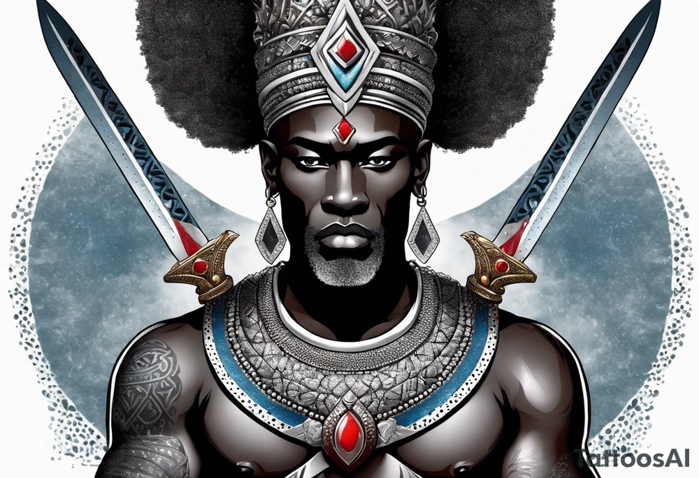 An african god, a bald black-skinned warrior, that uses a sword and a silver crown. He also uses blue and red necklaces tattoo idea