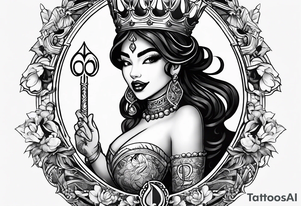 Latina Queen ahegao, drooling, happy, Spade Symbol with letter Q in the center of the spade framed, surrounded by whitespace tattoo idea