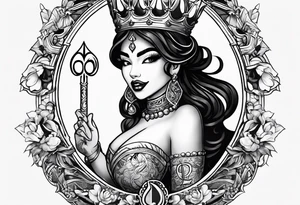 Latina Queen ahegao, drooling, happy, Spade Symbol with letter Q in the center of the spade framed, surrounded by whitespace tattoo idea