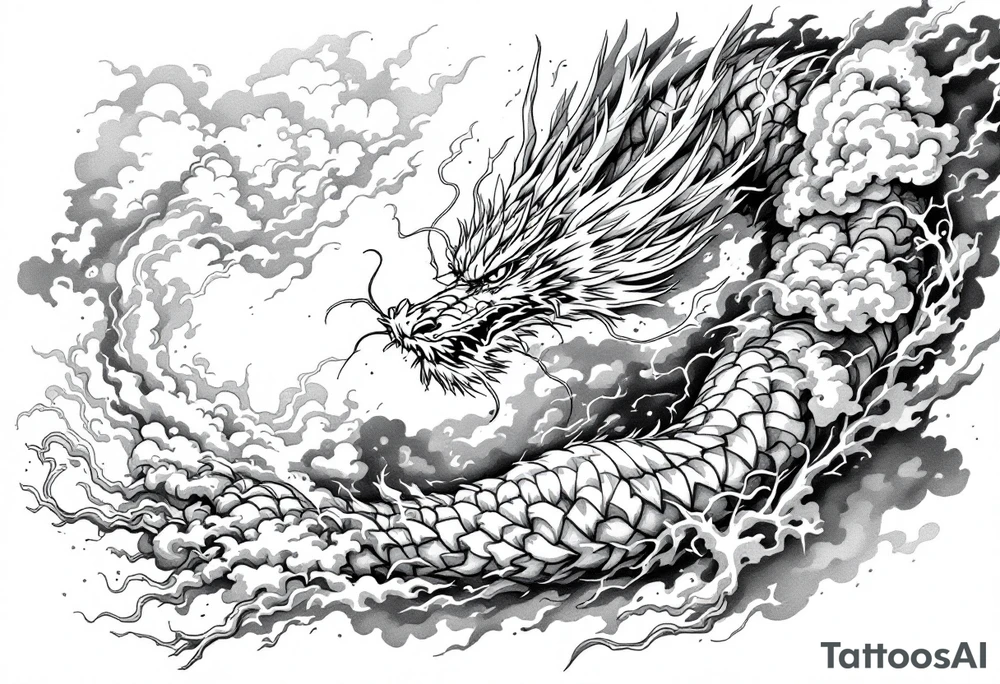 storm clouds and lightning mixed throughout, eastern dragon wrapping around the arm with head at the inside wrist, tattoo idea