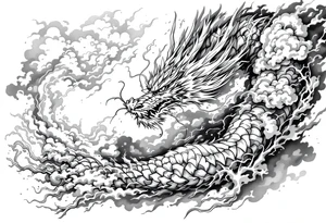 storm clouds and lightning mixed throughout, eastern dragon wrapping around the arm with head at the inside wrist, tattoo idea