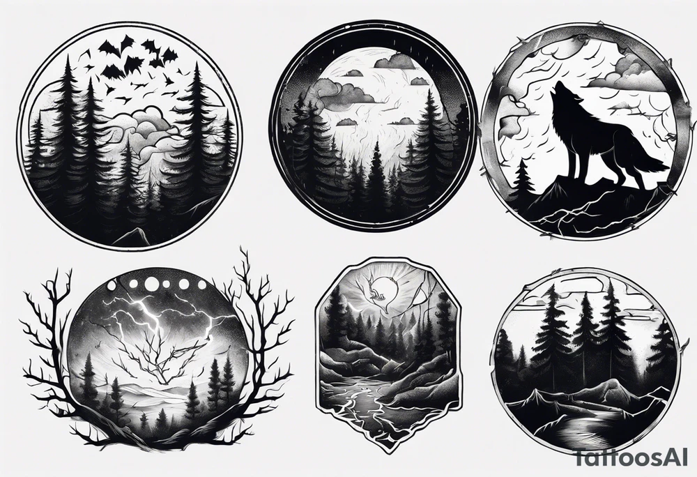 a thunder and lightning storm over a forest with a distant wolf howling and a drums tattoo idea a thunder and lightning storm over a forest with a distant wolf howling and a drums tattoo idea