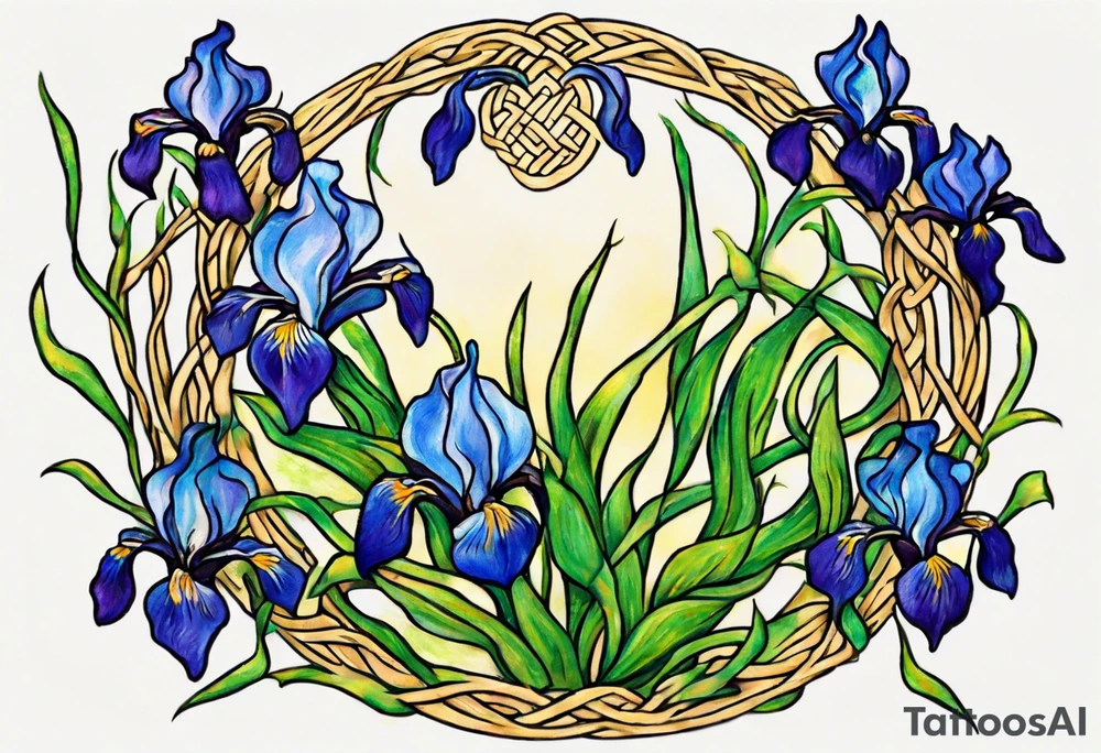 Create a small thick colorful Vincent van Gogh Irises tattoo , with vines in Celtic knots gracefully intertwining at a central point in the middle of the wreath.  The intended placement is on the upper chest. The overall design should be small in size while maintaining a delicate and artistic aesthetic. Pay attention to the graceful flow of the vines and the placement of the irises to achieve a refined and elegant look. Mountains need to be inside the design tattoo idea